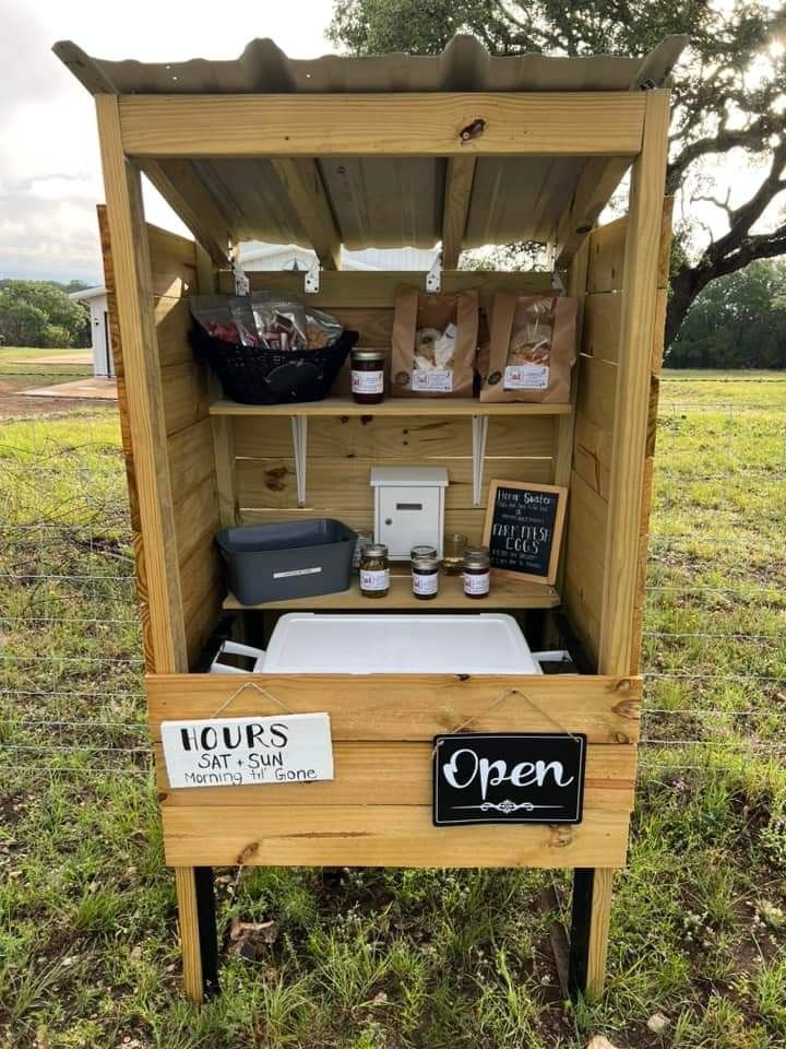 Farm Stand Shed Ideas, Honor System Farm Stand Signs, Roadside Bread Stand, Simple Farm Stand, Roadside Farm Stand On Wheels, Egg Stand Ideas, Roadside Bakery Stand, Self Serve Farm Stand, Egg Stand Roadside