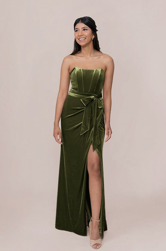 Model: Jacinth; Size: 4 Olive Dress Wedding, Autumn Court, Wedding Parties Colors, Court Wedding, Olive Dress, Velvet Dresses, Wedding Court, Bridesmaid Dress Colors, Tie Bow