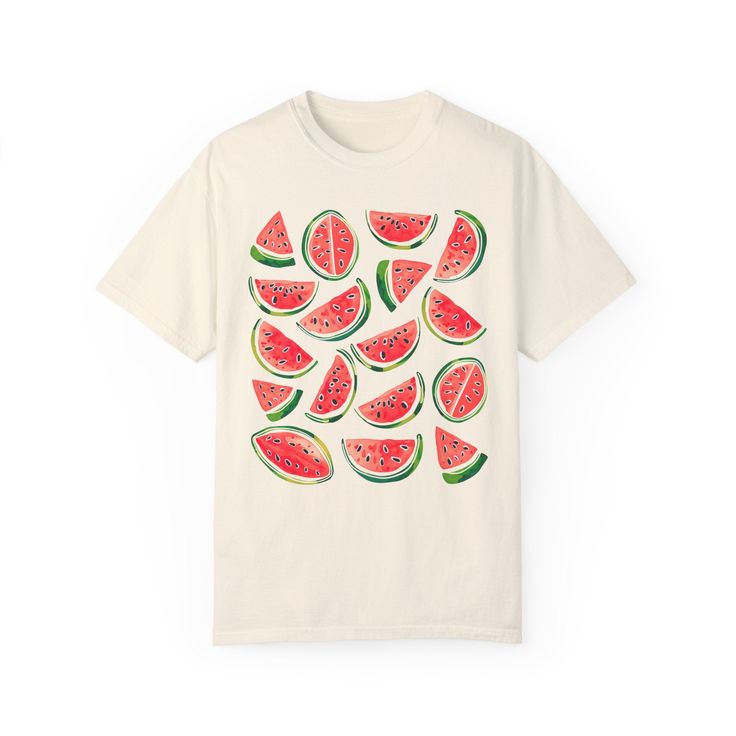 Get ready to add a pop of fruity fun to your wardrobe with our adorable Cute Watermelon Comfort Colors T-shirt! 🍉 Perfect for those sunny summer days, this Comfort Colors tee is so cozy you'll never want to take it off. Whether you love cottagecore vibes or love a good slice of watermelon, this shirt will surely be a hit! 🍉💕 The shirt print features cute watercolor watermelon slices. Makes a great Gift For Her or a fun treat for yourself! Enjoy your summer in our adorable shirt - at the picni Fun Multicolor T-shirt For Summer, Cute Multicolor T-shirt For Vacation, Playful Graphic Print T-shirt For Vacation, Fun Strawberry Print Crew Neck T-shirt, Multicolor Crew Neck Summer T-shirt, Multicolor Fruit Print Tops For Summer, Pink Fruit Print Tops For Summer, Cute Crew Neck T-shirt With Fruit Design, Summer Strawberry Print Tops For The Beach