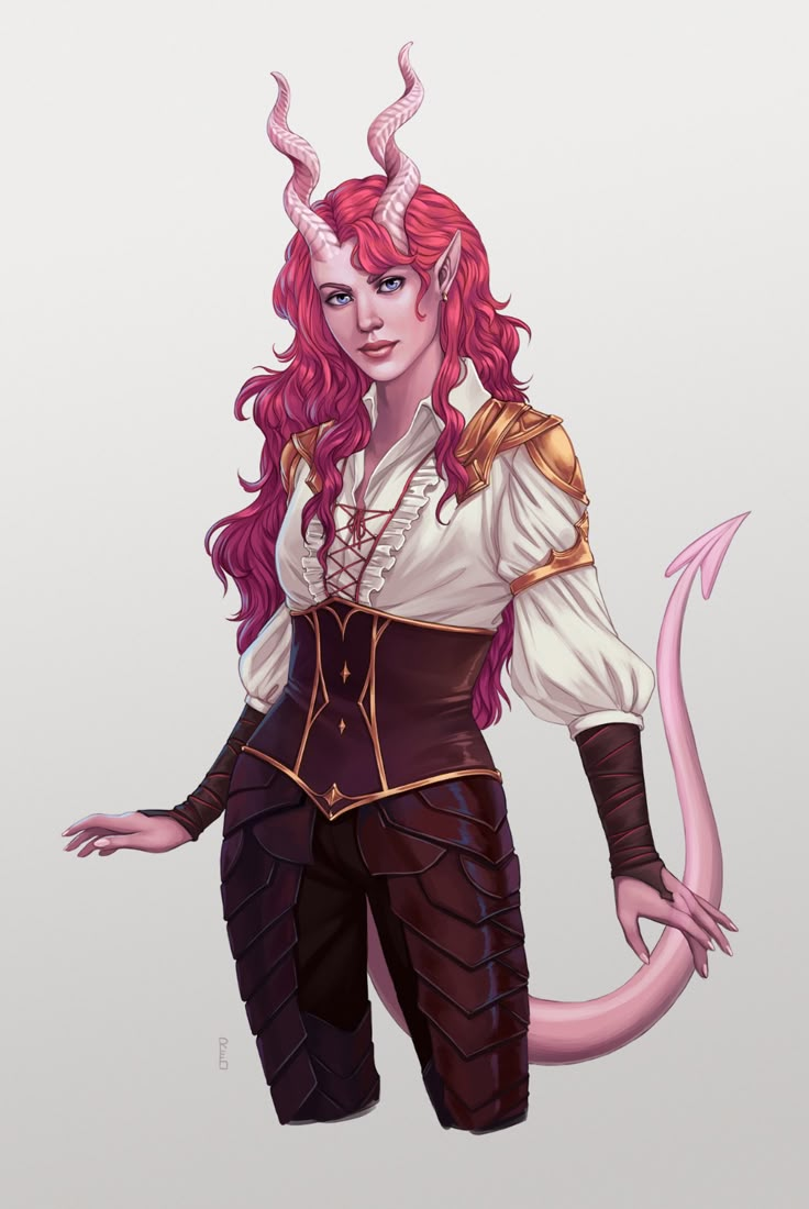 a drawing of a woman with horns on her head and pink hair, wearing a costume