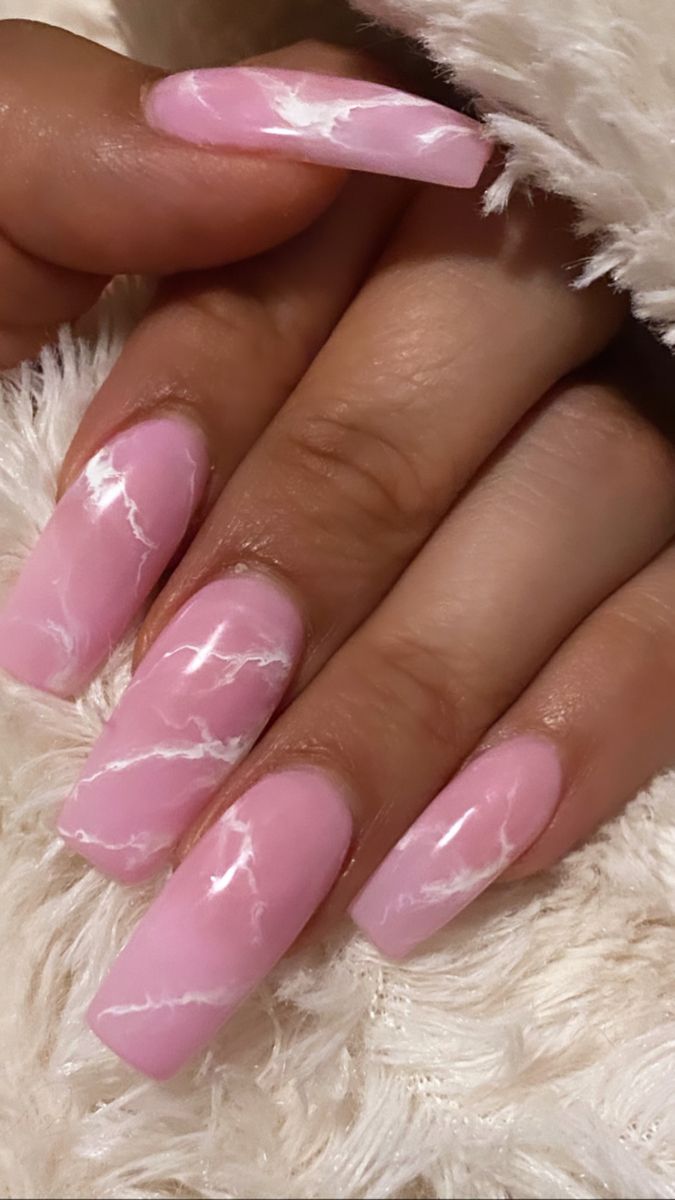 Pink Marbled Nails, Baby Pink Nails With Design Art Ideas, Pink Marble Nails With Gold Flakes, Pink Marmor Nails, Matte Pink Nails With Design, Nail Designs Baby Pink, Blush Pink Acrylic Nails, Nails Marble Pink, Trending Pink Nails