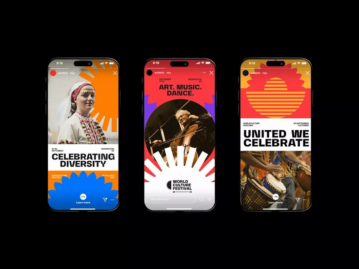 three cell phones with different covers on them, one is advertising art music dance and the other is celebrating