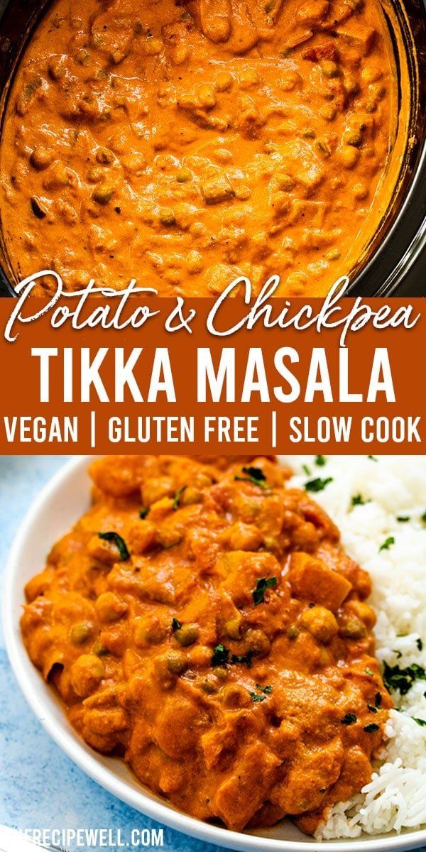 the recipe for potato chickpea tikka masala is shown with rice and garnish