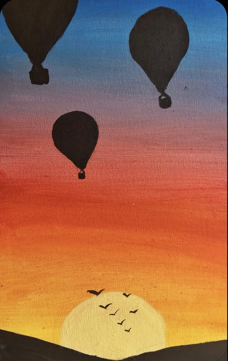 an acrylic painting of hot air balloons flying in the sky at sunset or sunrise