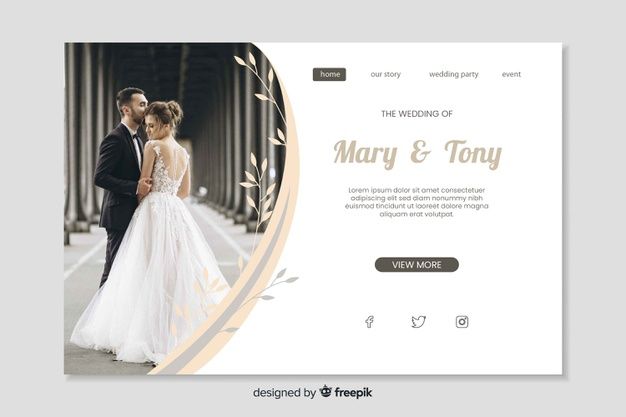 a wedding website with a photo and text on the front, it is designed to look like