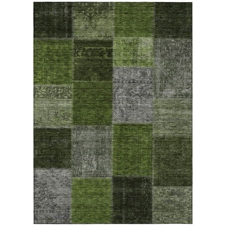 an area rug with green and grey squares