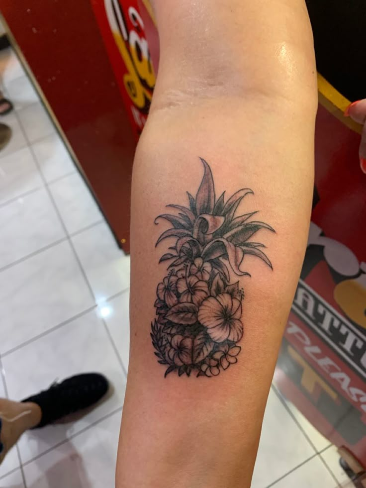 Hawaii Tattoo. Pineapple, Hibiscus, Plumeria. Original artwork inspired by a watercolor.  Love everything Hawaiian. Pineapple Hibiscus Tattoo, Flower Pineapple Tattoo, Floral Pineapple Tattoo, Pineapple Flower Tattoo, Hawaiian Pineapple Tattoo, Pineapple With Flowers Tattoo, Plumeria Hibiscus Tattoo, Hawaiian Theme Tattoo, Hawaiian Themed Tattoos