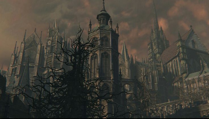 an image of a gothic castle in the sky with dark clouds and spooky trees