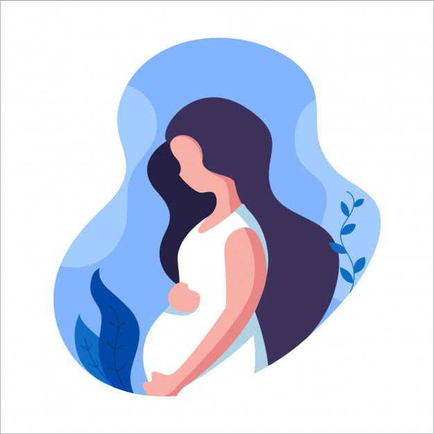 a pregnant woman with long hair standing in front of a blue and white background, holding her belly