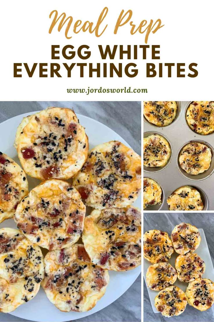 egg white muffins with toppings on top and the words meal prep egg white everything bites