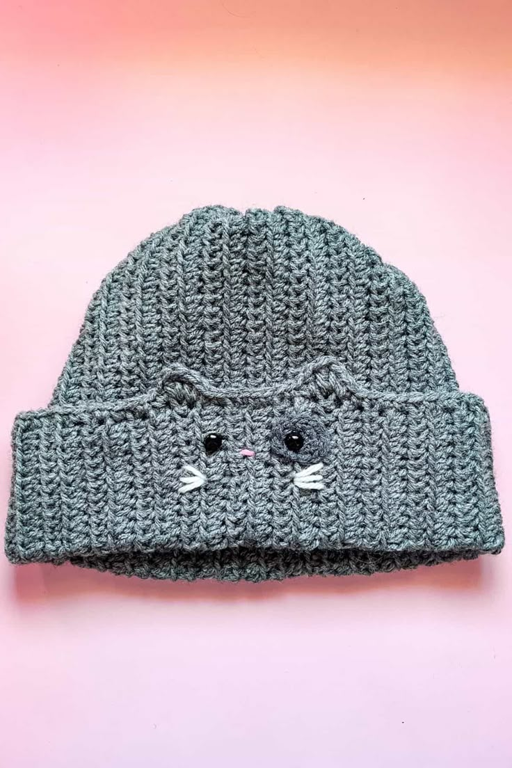 a crocheted hat with two cats on the front and one cat's face in the middle