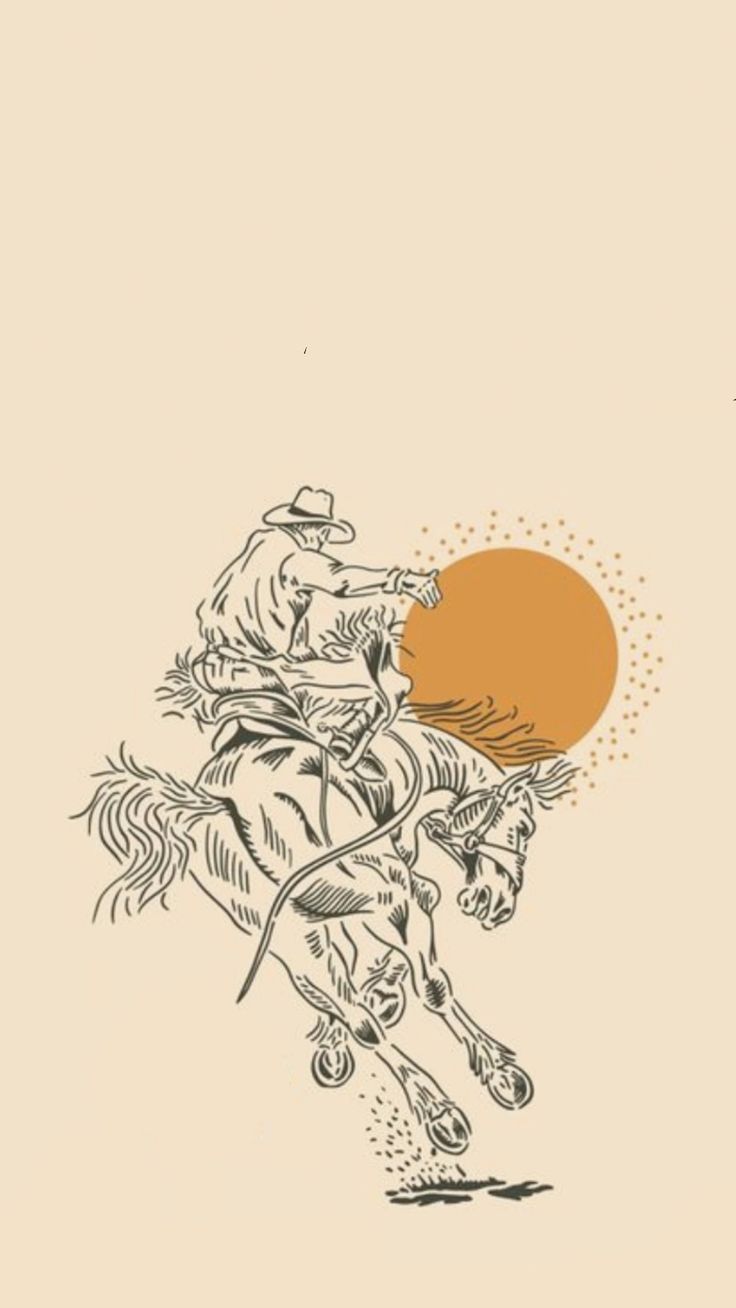 a drawing of a man riding on the back of a horse with an orange sun in the background