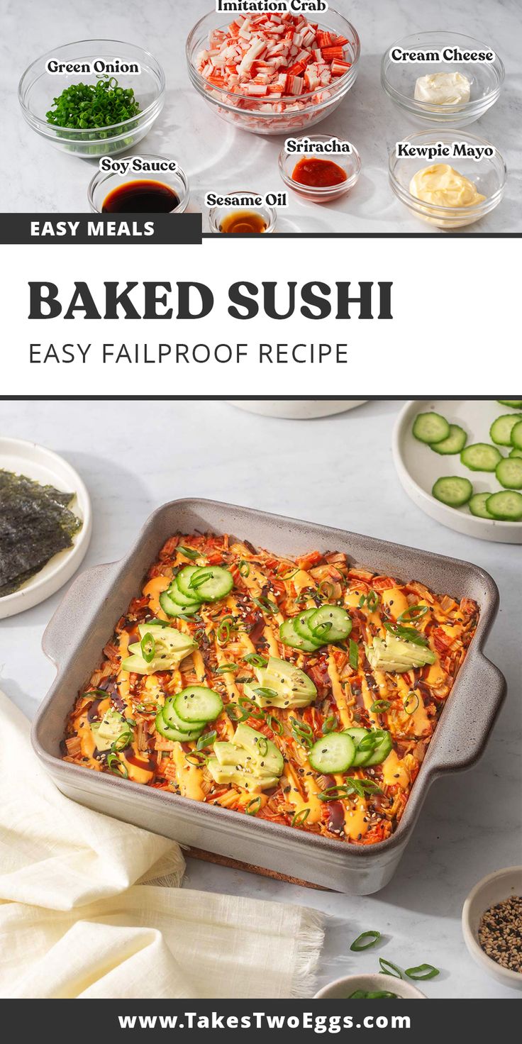 the recipe for baked sushi is displayed in front of bowls and plates with cucumbers