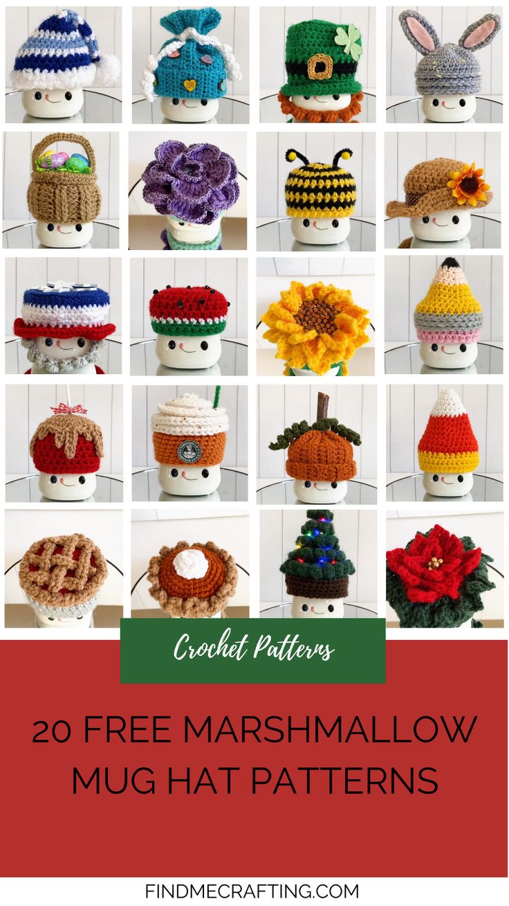 crochet patterns for hats and scarves with text overlay that reads 20 free marshmallow mug hat patterns