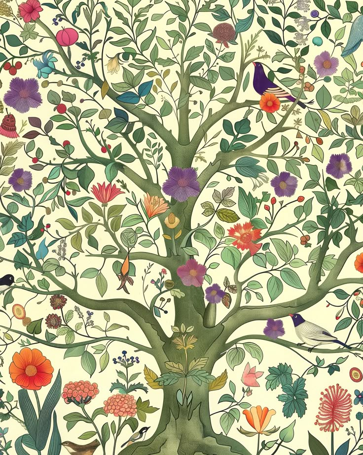 a painting of a tree with birds and flowers on it's branches in the center