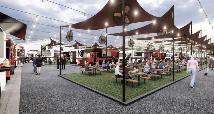 an artist's rendering of a food truck event with people sitting at picnic tables