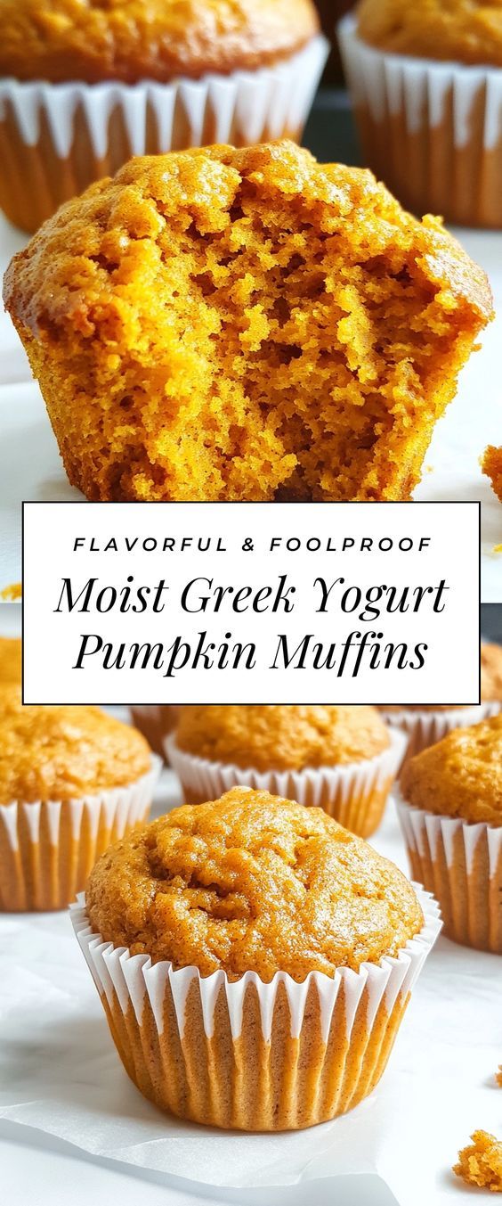 These Moist Greek Yogurt Pumpkin Muffins are a fall favorite that you won't want to miss! They're fluffy and packed with flavor, making them perfect for breakfast or a cozy afternoon snack. Pumpkin Blueberry Muffins Healthy, Pumpkin Muffins Made With Greek Yogurt, Pumpkin Muffins Yogurt, Pumpkin Toddler Muffins, Gf Pumpkin Muffins Healthy Recipes, Fall Muffins Healthy, Pumpkin Muffins With Yogurt, Quick Breakfast Baked Goods, Pumpkin And Greek Yogurt Recipes