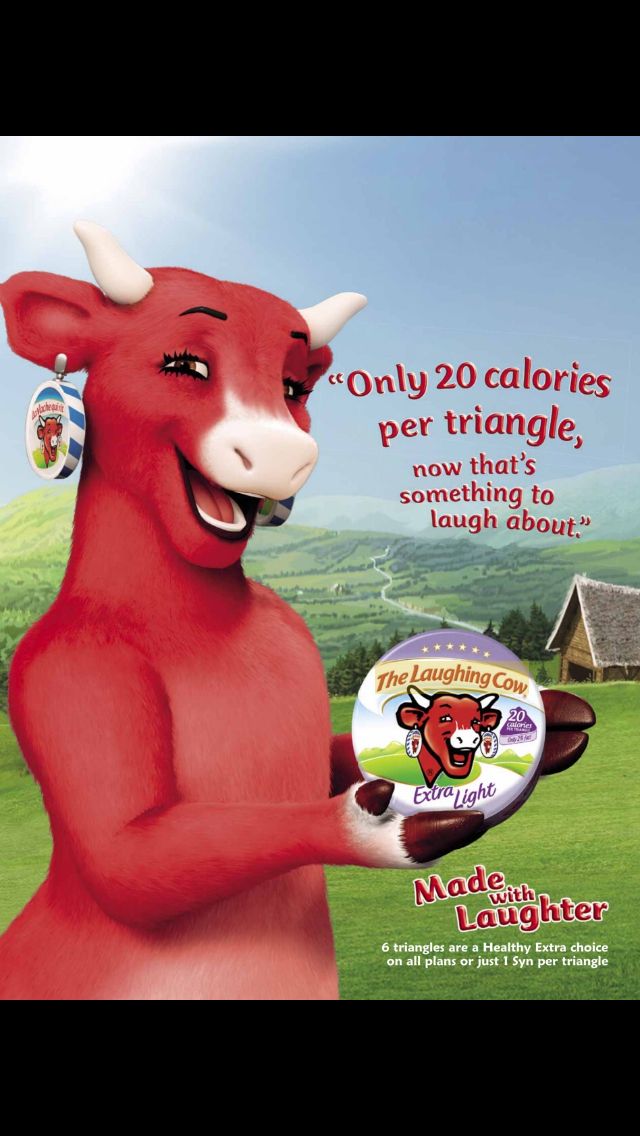 a red cow holding a white disc in its right hand with the caption'only 20 calories per triangle, now that's something to laugh about '