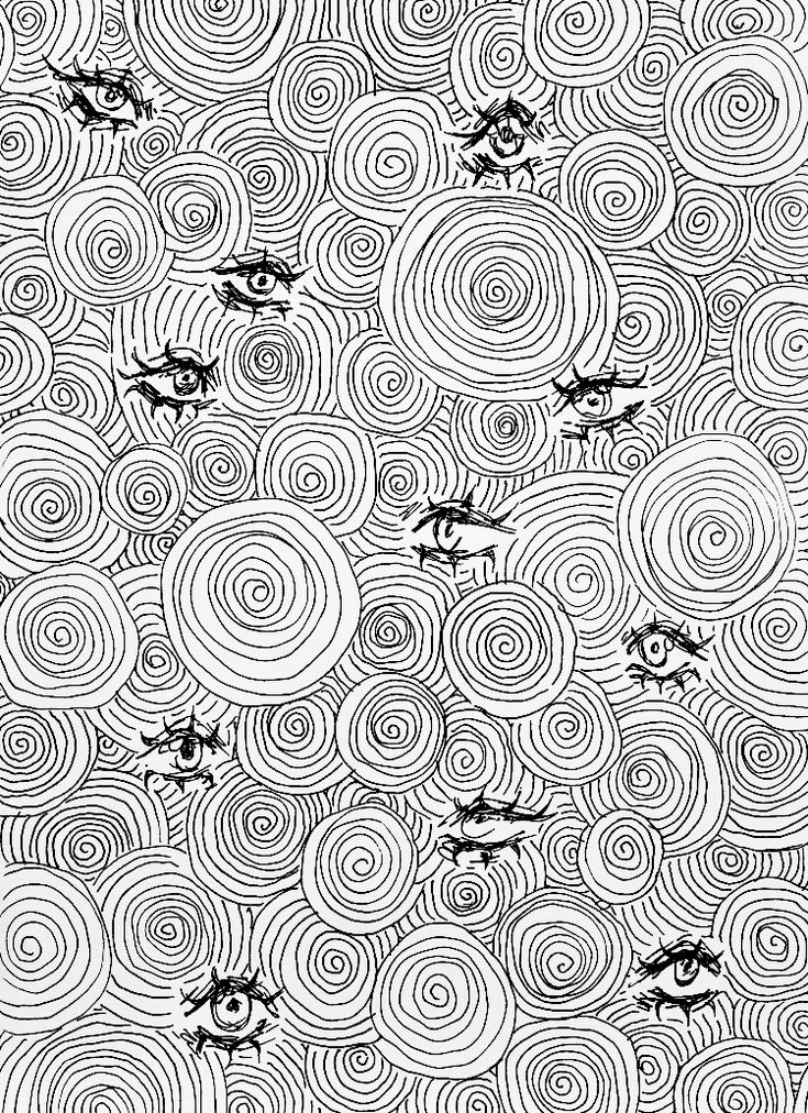 an abstract black and white pattern with birds flying in the sky, surrounded by swirls