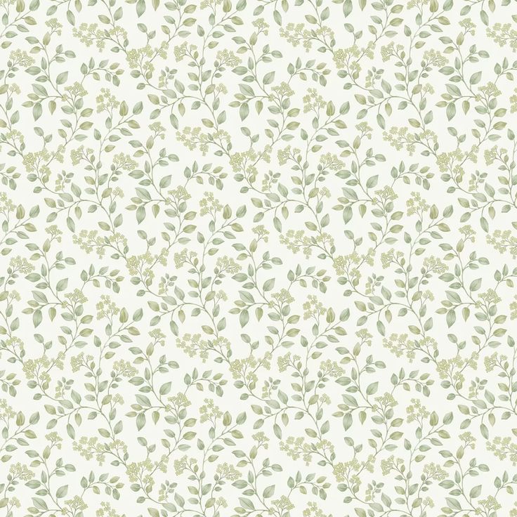 a white wallpaper with green leaves on it