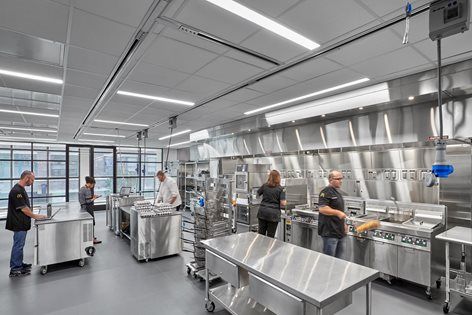 several people are working in a large industrial kitchen