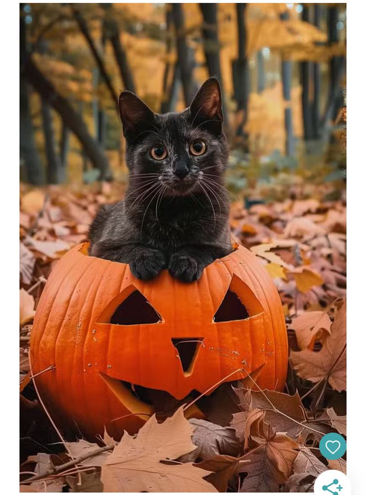 a black cat sitting on top of a pumpkin in the middle of leaves with trees behind it