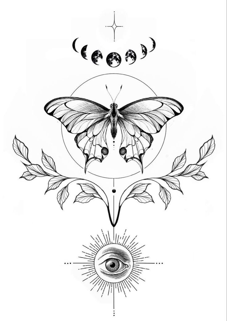 a drawing of a butterfly and an all seeing eye