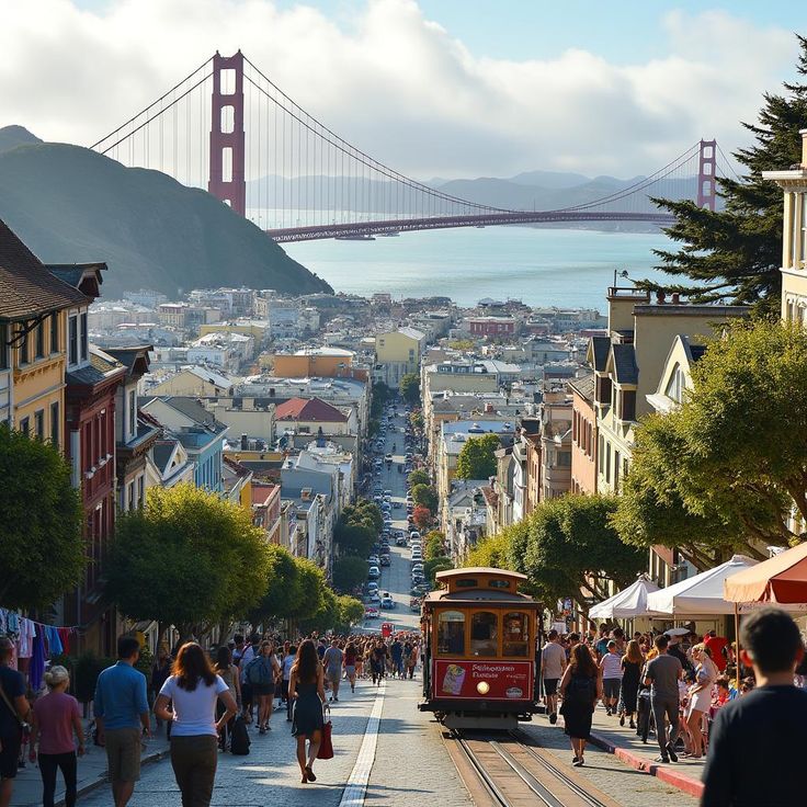 a cable car going down the road with people walking on it and in front of some buildings