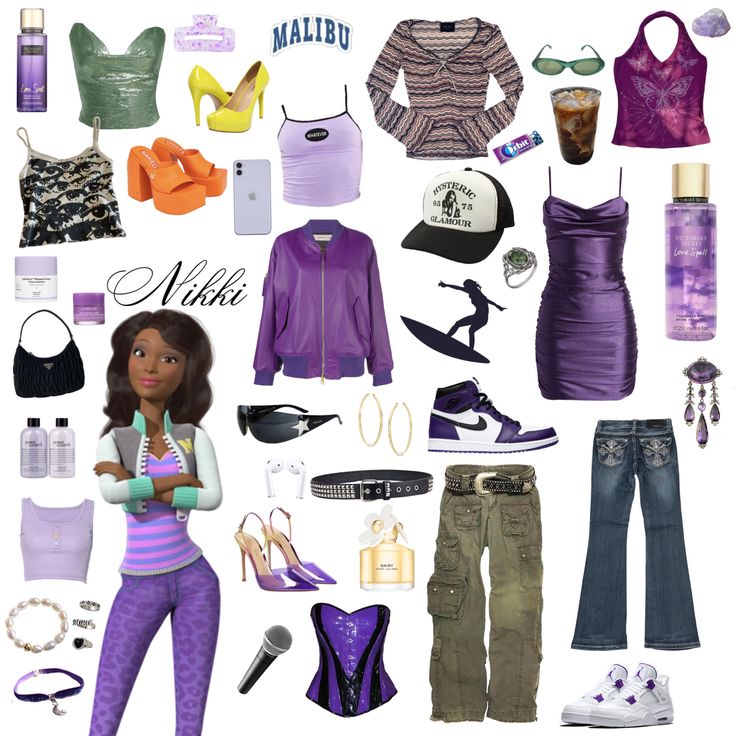 a collage of clothes, shoes and accessories for an american girl doll from disney's the princess and the frog