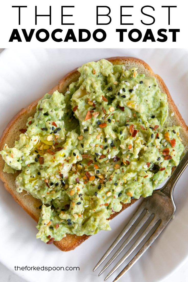 the best avocado toast recipe on a white plate with a fork and text overlay