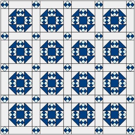 a blue and white quilt with squares on it