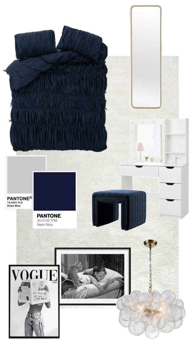 mood board with blue and white furniture, black and white decor, and pictures on the wall