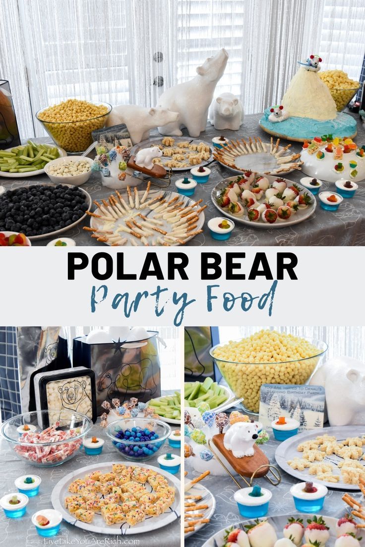 polar bear party food is displayed on a table with plates and bowls full of food