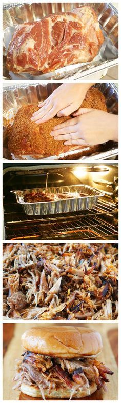 the process of cooking meats in an oven is shown with three different pictures showing how to cook them