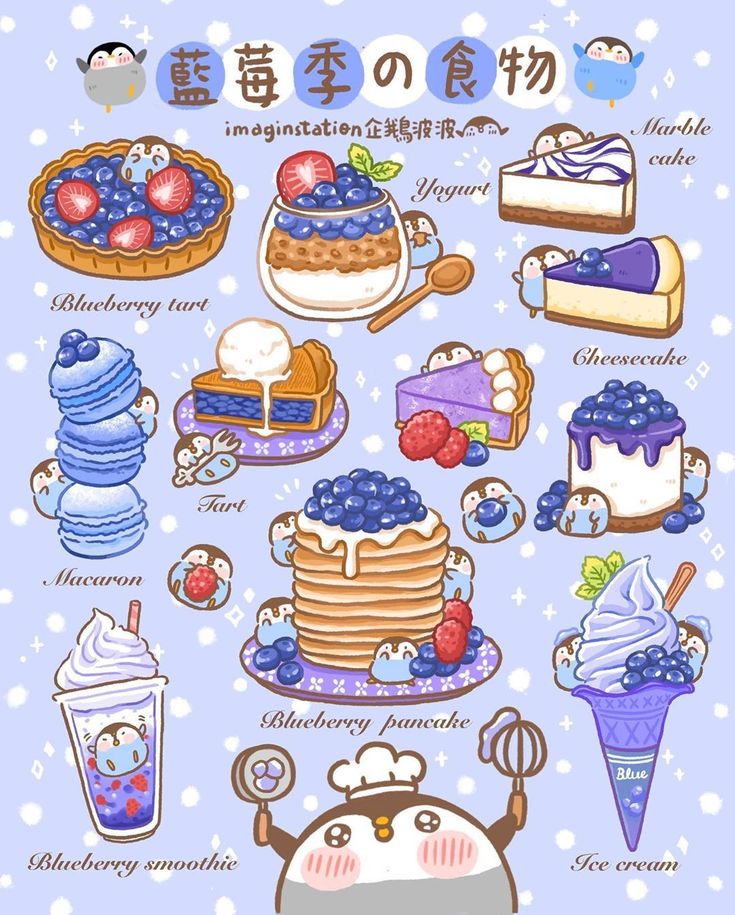 an illustrated poster with various desserts and drinks in chinese characters on the bottom right hand corner