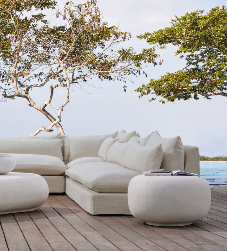 a white couch sitting on top of a wooden floor next to a tree and water