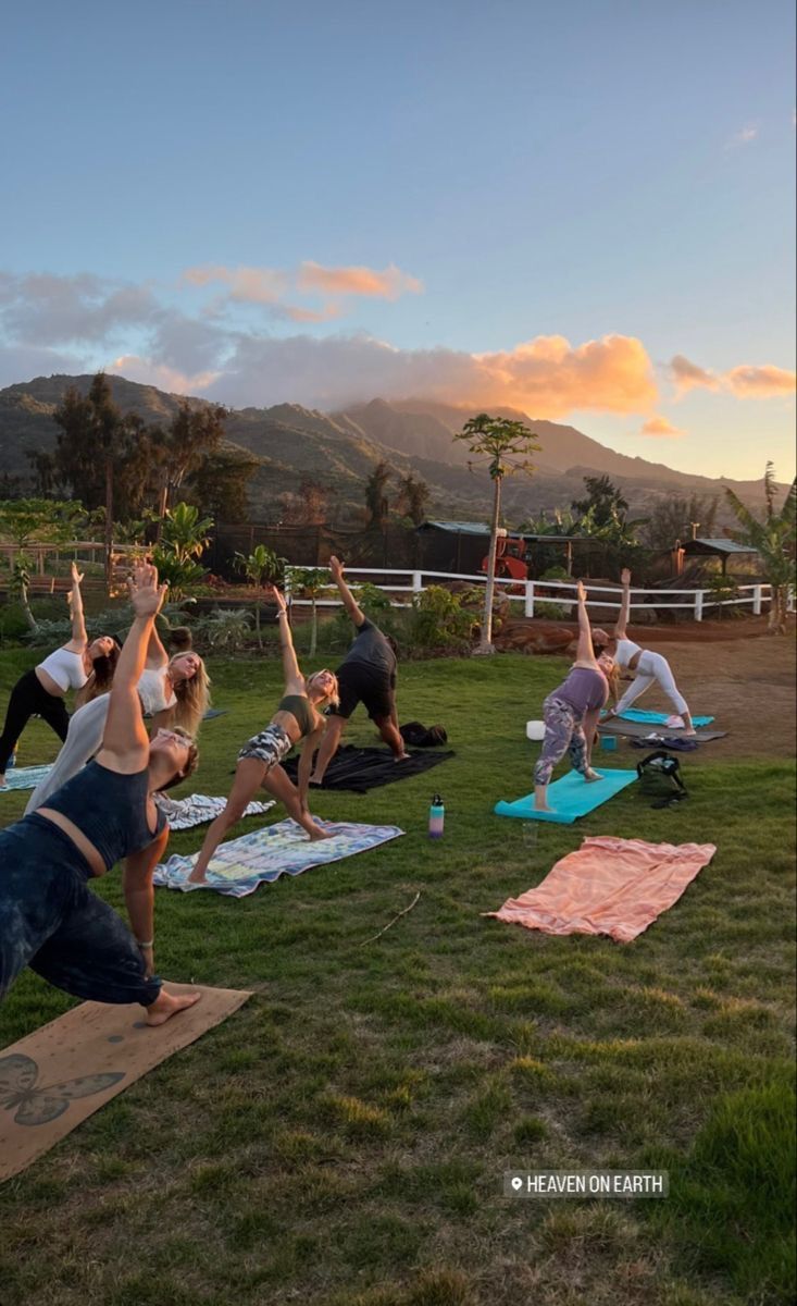 a group of people doing yoga in the grass