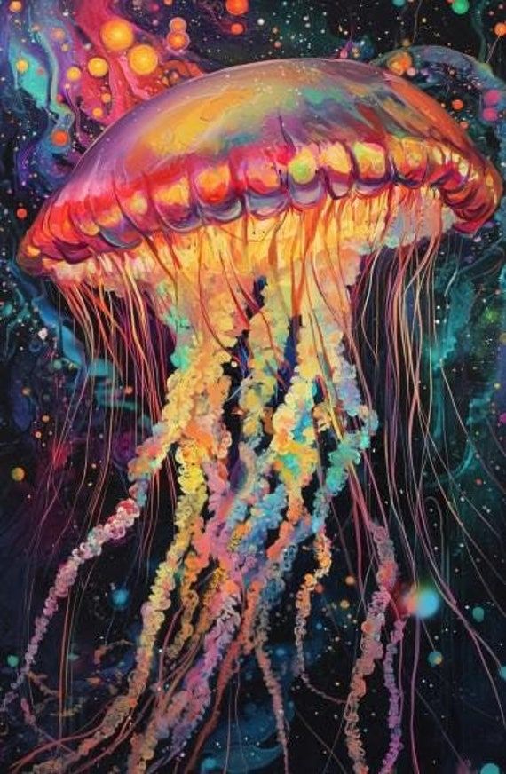 a painting of jellyfish floating in the water