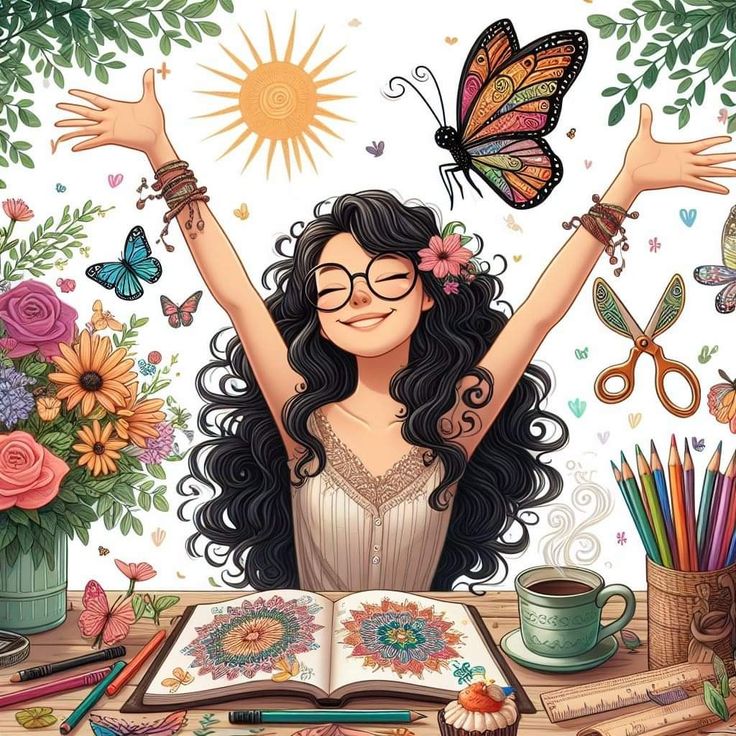 a woman sitting at a table with an open book in front of her and butterflies above her head