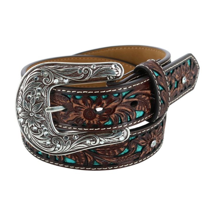 This fun turquoise and brown floral tooled belt is a unique and stylish addition to any girl's wardrobe. The belt features a removable buckle set and eye-catching rhinestone details. Great to pair with your favorite pair of boots, jeans, or denim skirt. Made of Leather