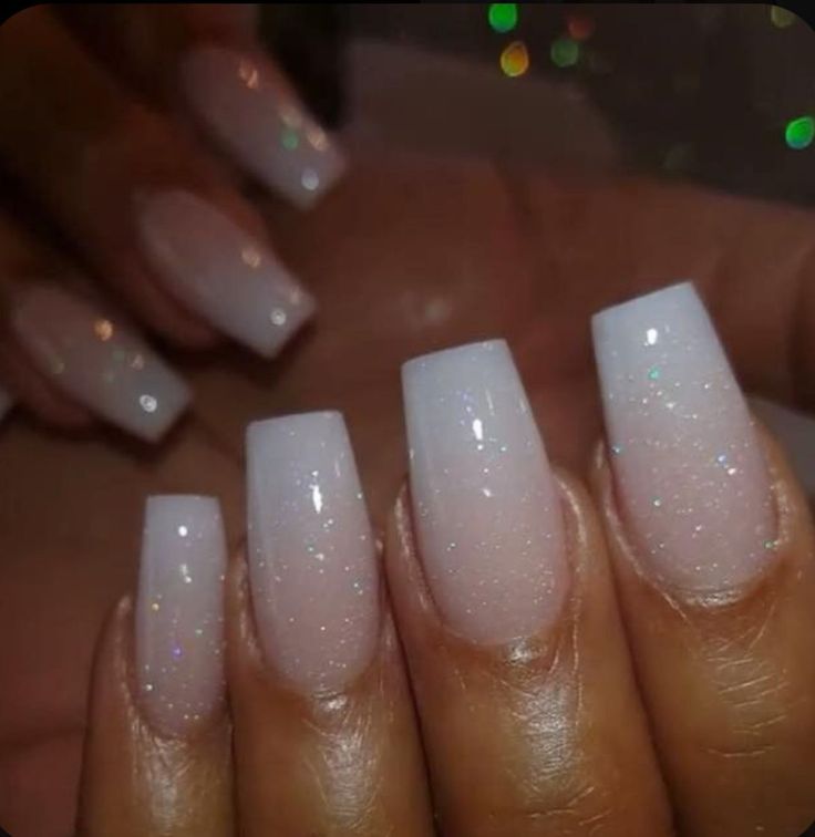 Glitter Acrylic Overlay Nails, White Ombré Christmas Nails, French Ombré With Glitter, Acrylic Nail Designs Glitter Ombre Sparkle French Tips, White Sparkle Nails Glitter, Sparkly White Acrylic Nails, White Sparkle Nails Acrylic, White Sparkle French Tip Nails, Milky White Ombre Nails