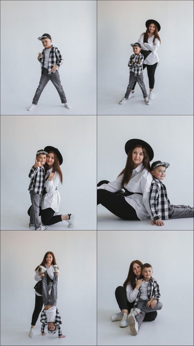 a woman and child are posing for pictures together in different poses, with one holding the other's head