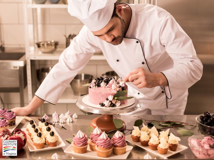 a chef is decorating cupcakes on a table with other desserts in the background