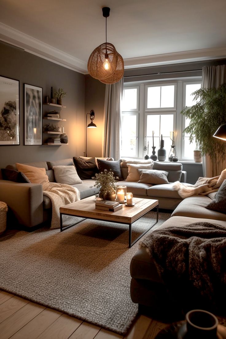 a living room filled with lots of furniture and a lamp on top of a table