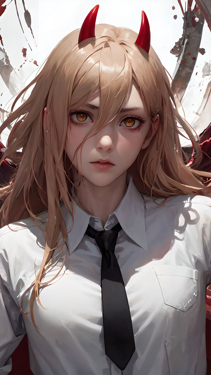 an anime character with horns on her head, wearing a tie and white dress shirt