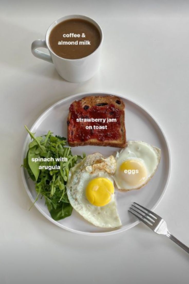 a white plate topped with breakfast foods next to a cup of espresso coffee