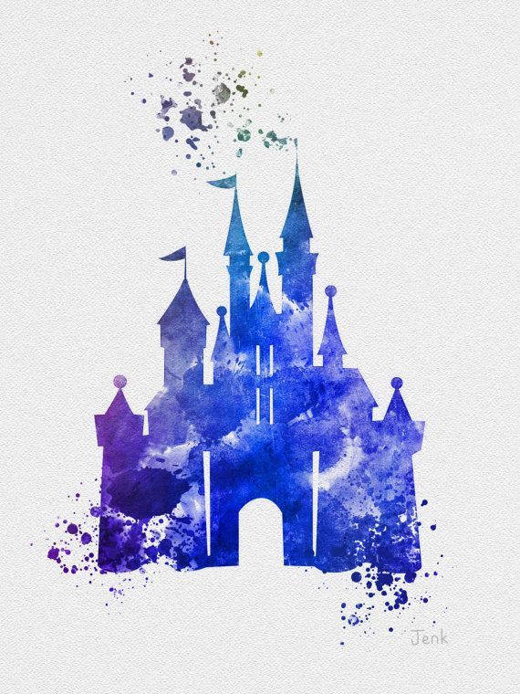 the castle is painted in blue and purple watercolors