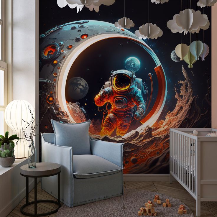 an astronaut is in the outer space wall mural