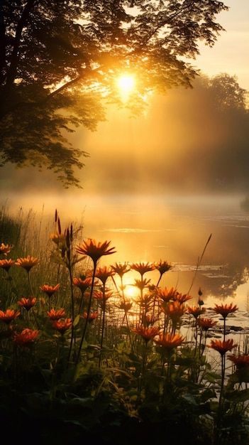 the sun shines brightly through the trees and over water with flowers in foreground