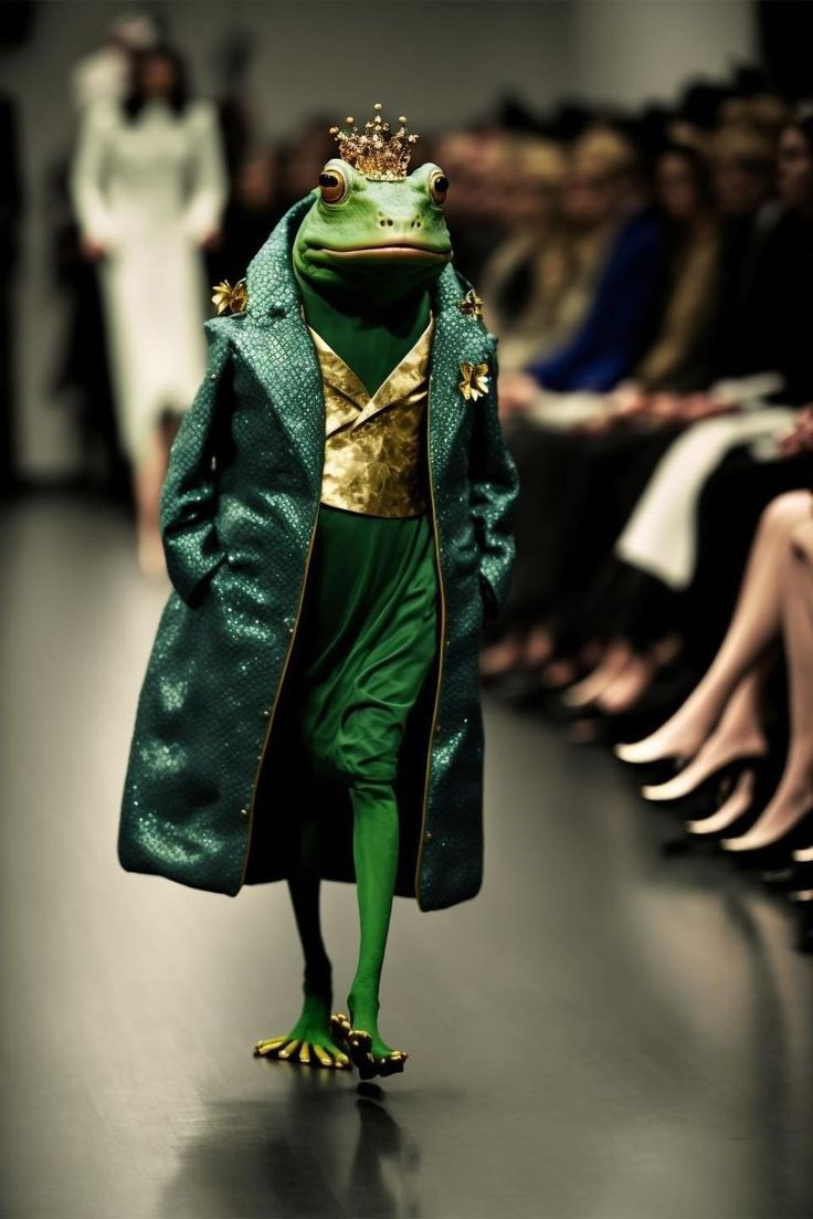 a frog dressed in green and gold is walking down the runway